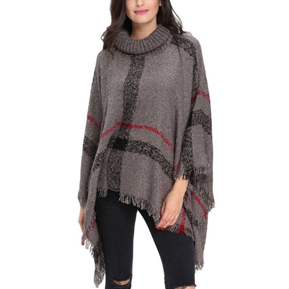 Gray Plaid Turtleneck Cape Poncho Knit Sweater - Picture 2 of 3